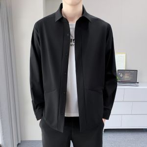 HENGYUANXIANG | Casual Shirt Style Jacket Mens Spring Autumn New Fashion Thin Collar Mens Outerwear Loose Fit Button Decoration Nylon Fiber