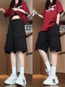 Quần Short Công Sở Cạp Cao Màu Đen Có Túi Lớn Phong Cách Mỹ Mùa Hè 2025 Quần Dài Năm Điểm Rộng Rãi Thẳng Thể Thao Quần Dài Vừa Phải