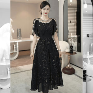 Elegant Black Floral Print Summer Dress Womens High Waist A-Line Skirt Luxury Upper Society Style Mid-Length Casual Chic