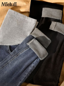Pregnant Women Jeans Thickened Autumn Spring Denim Slim Fit Black Nine Point Pants Long Trousers Winter Warm Maternity Trousers