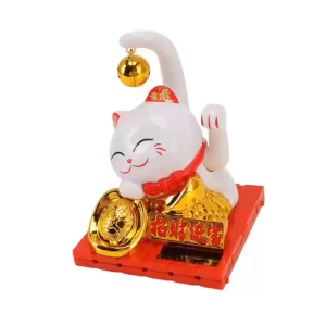 Tượng mèo thần tài đuôi dài có chuông 10cm mèo vẫy tay quắc khách mèo phong thủy chiêu tài lộc mèo năng lượng mặt trời đuôi dài
