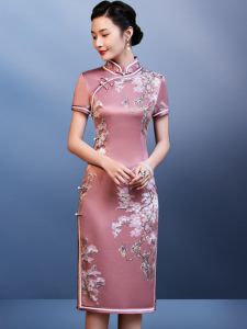 Red Silk Printed Double Layer Wedding Dress for Mommy in Law Shanghai Old Style Short Qipao Low Slit Short Sleeve Womens Fashion