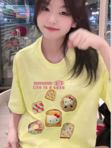Sweet Chic Cartoon Cat Heavyweight Pure Cotton Short Sleeve T-Shirt Womens Summer New Style Milk Yellow Top round Neck Print