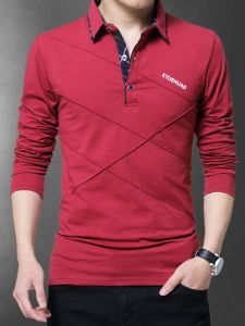 Spring Autumn Mens Pure Cotton Long Sleeve T-Shirt Slim Fit Fashionable Business Casual Red Color Collared Top