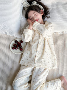 ชุดนอนเด็กผ้าฝ้ายแท้ฤดูใบไม้ผลิและฤดูใบไม้ร่วงสำหรับเด็กผู้หญิงลายดอกไม้ชุดนอนผ้าฝ้ายบางสำหรับเด็กผู้ใหญ่ในบ้านชุดนอนเด็กผู้หญิง