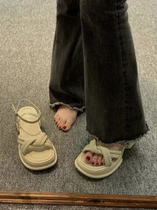 plus Size Summer Outdoor Womens Sandals Thick Heel Wide Foot Accommodating Slip-On Fashionable Korean Style Low Cut PU Material