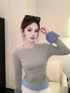 GUZILIAN | French Round Neck Color Block Long Sleeve T-Shirt Women Spring Autumn Inner Wear Slim Fit Korean Style Casual Office Wear