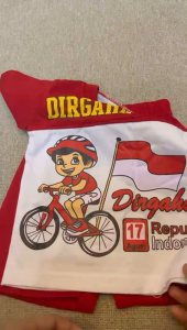 Setelan Baju Merah Putih Anak Motif Anak Sepeda Bahan Katun Ready Usia Anak 3 Bulan-10 Tahun