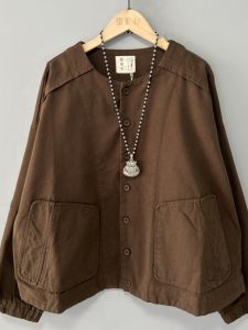 Loose Fit Pure Cotton Plaid Short Jacket Womens round Neck Button up Spring Autumn Korean Style Large Size with Pockets Top