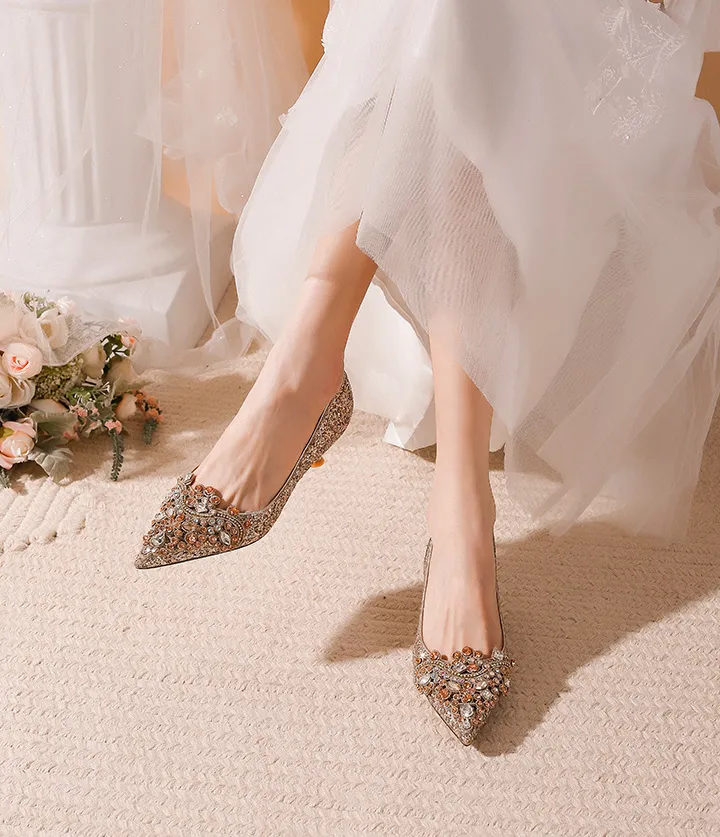 Champagne French Wedding Shoes Bridal Shoes Main Wedding Dress Low Heels Women 2024 Spring Fall New Arrival Engagement Crystal Shoes Lazada Singapore