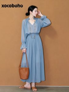 xocoboho | Elegant Stylish Korean Style Blue Shirt and Skirt Set for Women