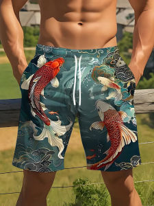 Bandai | 2026 Fashion New Beach Japanese Koi Fish Texture Pattern 3D Printed Mens and Womens Casual Loose Breathable Shorts