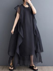 ชุดเดรสยาวแขนกุดผ้าตาข่ายสไตล์ย้อนยุคฤดูร้อนปี 2024 ทรงเอเอวสูง ชุดเดรสยาวปานกลาง แขนกุด ชุดเดรสยาวปานกลาง