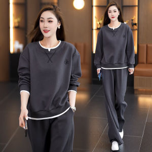 Fashionable 2025 Spring Autumn Womens Slimming Casual Versatile Sweatshirt Wide Leg Pants Two Piece Set Trendy Ensemble