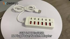66W 12 in 1 USB Fast Charger 6 USB 6 Type C Multi Ports Plug Hub 1M Extension Cables USB Extender for Phone Laptop Power Strip
