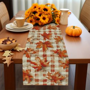 1 Piece of Autumn Plaid Maple Leaf Table Runner Brown and White Plaid with Orange and Red Maple Leaf Suitable for Restaurant Home Harvest Party Pastoral Style Decoration.