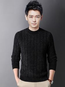 ROMON | เสื้อสเวตเตอร์ถักหนาสำหรับผู้ชาย ทรงเข้ารูป คอกลม สีดำ แฟชั่นฤดูหนาว ผ้าผสมโพลีเอสเตอร์และไนลอน สำหรับใส่ลำลอง