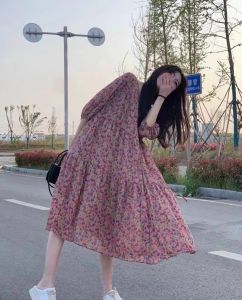 Floral Print Chiffon Maxi Dress Womens Loose Fitting Summer New Style Elegant Lazy Style Big Hem Long Dress Ladylike Commute