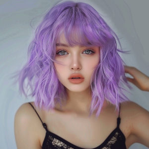 สีม่วงอ่อนวิกผมสังเคราะห์สั้น Wavy Bob วิกผมสําหรับผู้หญิงทุกวันธรรมชาติสีม่วงคอสเพลย์ Lolita วิกผมทนความร้อน