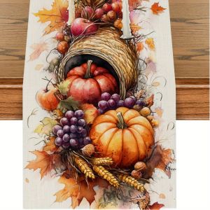 1 Piece of Autumn Harvest Table Runner Watercolor Painted Pumpkin Fruit and Vegetable Grain Ear Suitable for Restaurant Home Thanksgiving Party Market Decoration