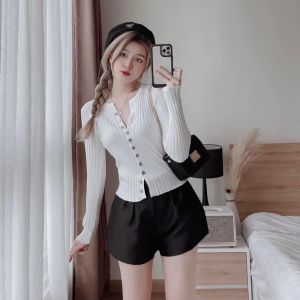 Áo len gân đũa tay dài nữ cài cúc dáng ôm co giãn dày dặn mềm mịn Cardigan len dệt kim kiểu maxi sang chảnh trẻ trung