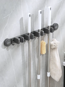 Ecoco Aluminum Adjustable Wall Mop Organizer Suction Cup Broom Holder with Sliding Hook Heavy Duty