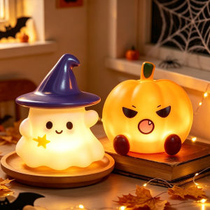 Bandai | Halloween Cartoon Ghost & Pumpkin LED Night Light Mini Lamp Anime Figurine Ornament Bedroom Decor Light Creative Gift