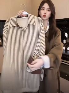 Korean Retro Style Loose Stripe Colorblock Shirt for Women Long Sleeve  Casual Blouse Top  Commuter Loose Plus Size
