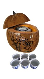 Bộ bình ủ trà trái dừa khắc chữ Thôi kệ / Bình trà 04 - 09 lít / Giữ ấm từ 3 - 6 giờ / Sản phẩm sản xuất thủ công tại Bến Tre