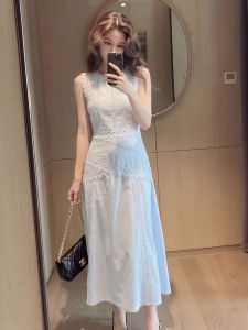 YIKEMAI | Elegant Blue Lace French Style Sleeveless Maxi Dress