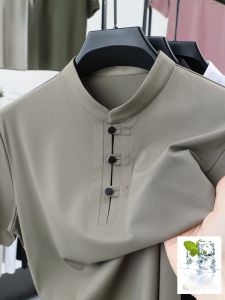 ROMON | Lormen Mens Short Sleeve T-Shirt Summer Thin Ice Silk Breathable Stand Collar Chinese Style Button Casual Top Dad Clothes