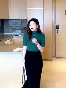 Spring and Autumn New 2022 Korean Version of The Self-cultivation and Thin Puff Sleeves Semi-high Collar Knitted Sweater Womens Short-sleeved Inner and Outer Bottoming Top