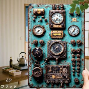 Vintage Industrial Metal Wall Art 2D Flat Retro Dashboard Panel with Gears Teal Blue White Wall Decor for Bedroom Kitchen 8x1