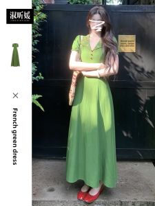 SUSIEYUAN | New Chinese Style Green Dress Womens Fashion Summer 2025 High Waist Short Sleeve V-Neck A-Line Skirt Elegant Long Dress