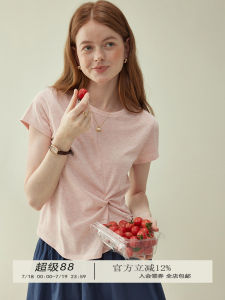 Original Design Pink Short Sleeve T-Shirt Womens Loose Fit Summer New Style Knot Twist Top Commute Fold AMUU Cotton Polyester