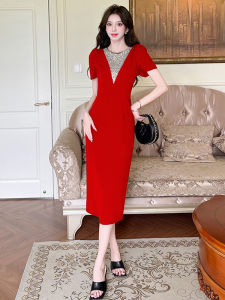 Elegant High Waist Midi Dress Summer 2025 round Neck Slimming Hepburn Design Split Waist Cinching Gown Polka Dot Polyester