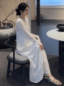 Elegant White Dress Gentle Rich Girl Style High Waist A-Line Skirt Long Sleeve Casual Autumn Fashion Single Piece round Neck