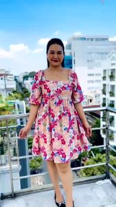 Pink Summer Floral Square Neck Puff Sleeve Babydoll Dress (KS6119014) - Big Size (50-90kg)