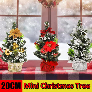 20CM Tabletop Mini Christmas Tree Small Artificial Pine Tree with Ball Flower Ornament Burlap Base for Table Deco