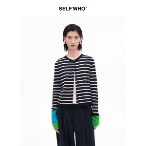 Cotton Acetate Blend Colorblock Stripe Knitted Cardigan Casual Loose Round Collar Top