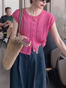 Shalldoer | Dopamine Boosting Lightweight Short Sleeve Knitted Top Hollow Out Breathable Summer Fashion Womens Round Neck Loose Fit T-Shirt