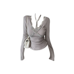 Sweet And Spicy Style Long Sleeve Modal T-Shirt Womens V-Neck Lace Patchwork Neck Hanging Top Slim Fit Spring Fashion