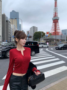 Slimming Fit Silk Blend Knitted Cardigan Womens Top Woolen Button Detail Satin Surface Commute Style Long Sleeve round Neck