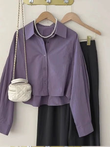 French Style Long Sleeve Purple Shirt Women Early Autumn Spring Short Style Slimming Top Small Size Polo Collar Button down