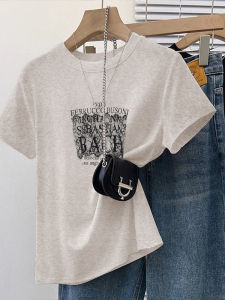 Retro Chic Pure Cotton Short Sleeve T-Shirt Womens Loose Fit Summer Versatile Top Trendy Print round Neck Casual Style