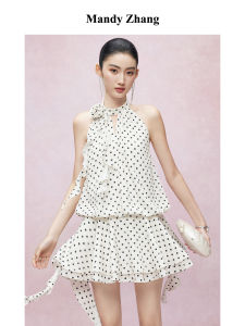 Polka Dot Halterneck Dress with Double Ruffles and Handmade Rose Ribbons