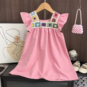 Summer 3-7 Years Girls Sweet Solid Color Sleeveless Ruffled Square Neck Casual Dress 1 Pc Kids Fashion Clothes