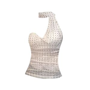YUEZHONGWEI | French Mesh Splice Bandage Womens Summer Outdoor Wear Slim Short Sleeveless Top Hanging Neck Strap Vest Polka Dot Print Commute Style