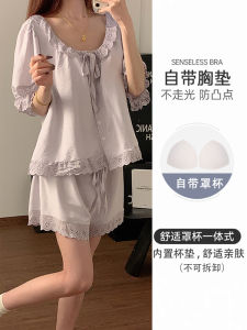 2024 New Womens Summer Sleepwear Set Pure Cotton with Chest Pad Short Sleeve Floral Trim Home Clothes Purple Short Pants