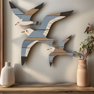 3Pcs Rustic Seagull Wood Wall Art Beach Ocean Themed Bird Wall Decor